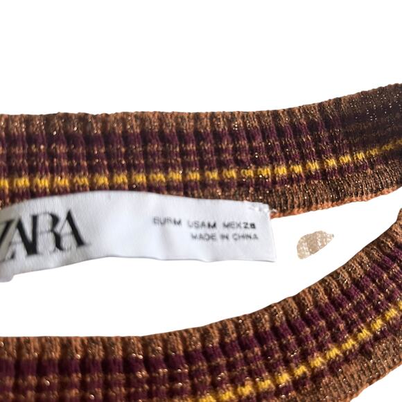 Zara Brown Sparkly Striped Ribbed Knit Long Sleeve Crewneck Sweater Size Medium - Picture 3 of 8